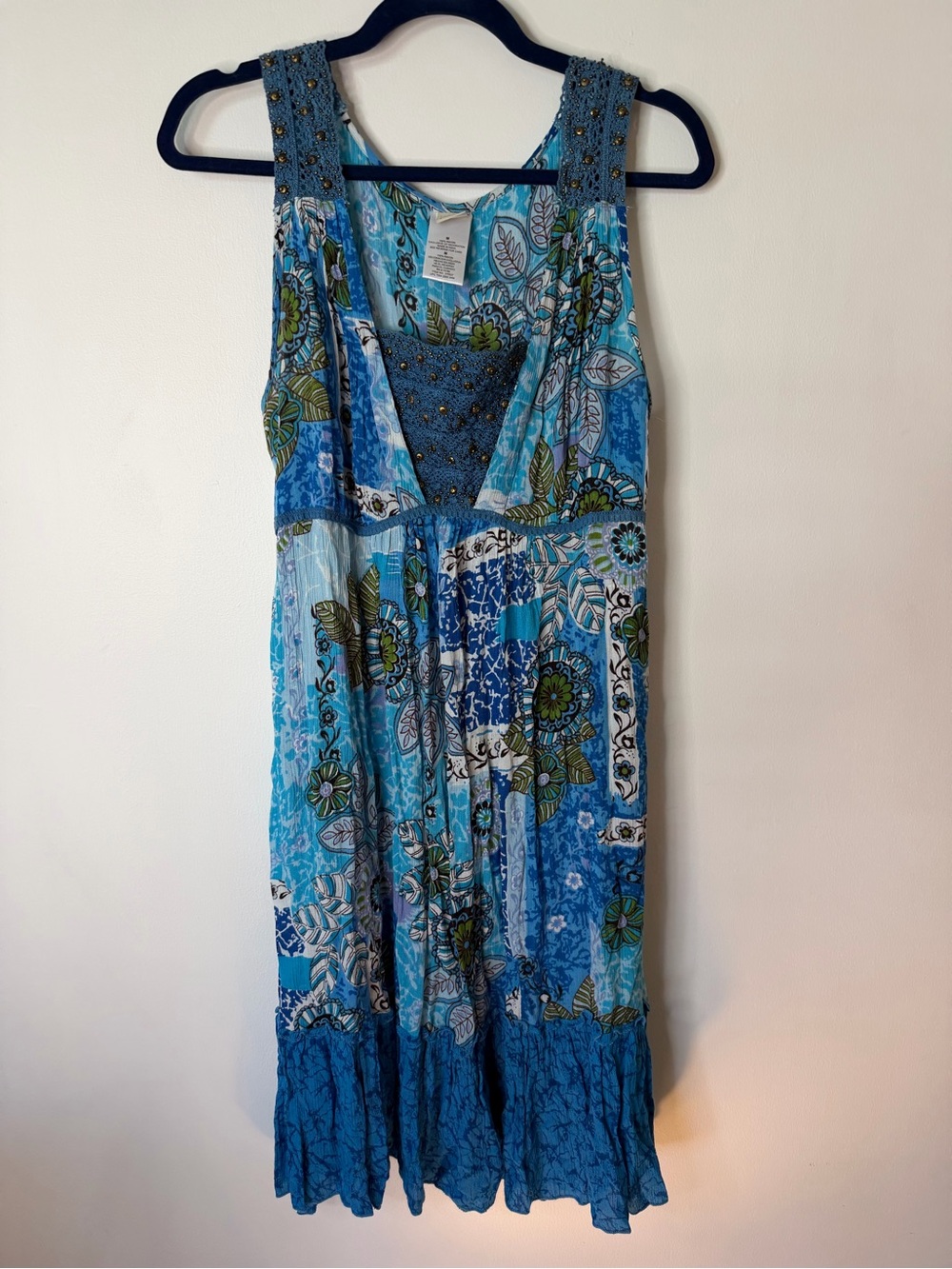 Forbidden Blue Floral Patchwork beaded Sleeveless Maxi Dress boho size M green